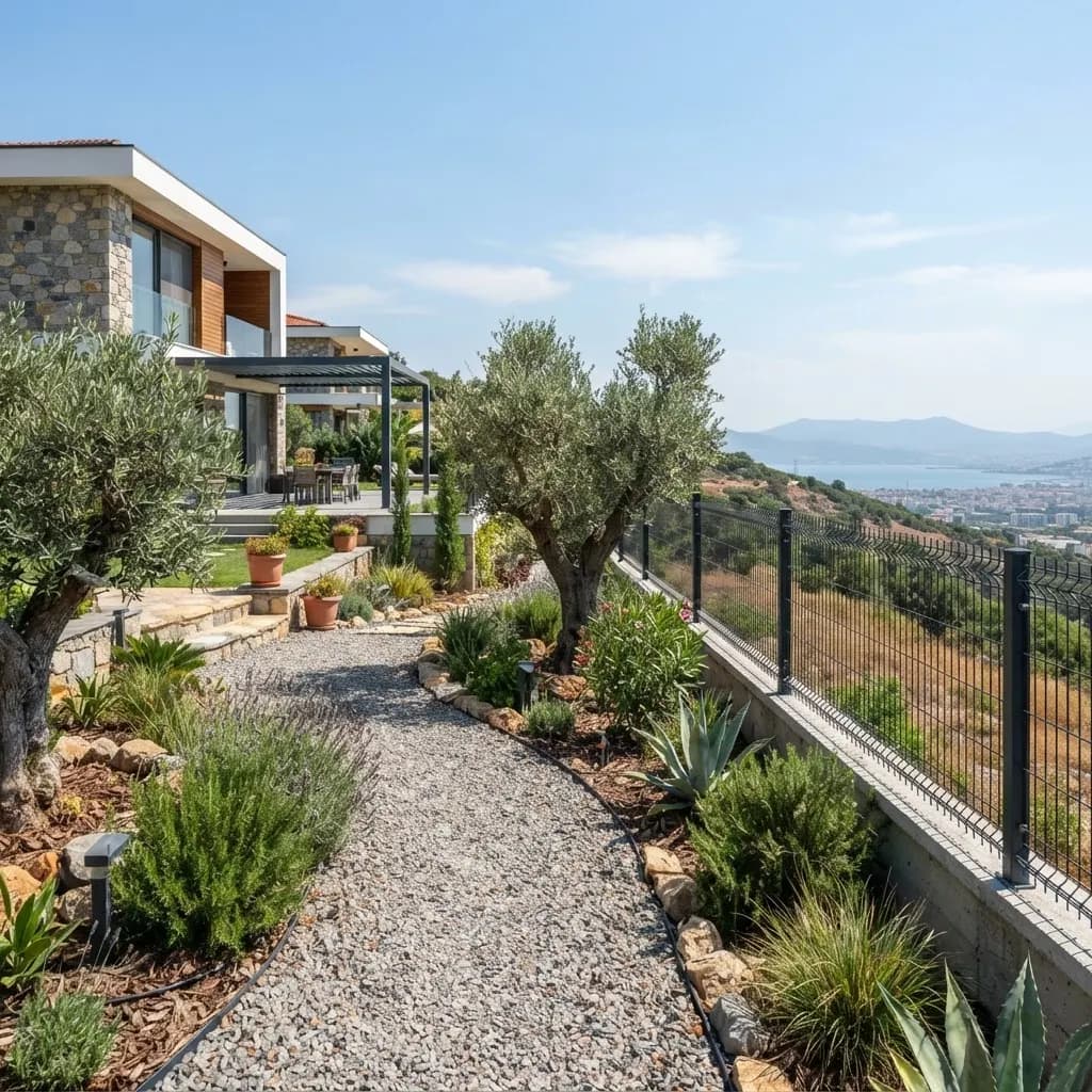 Villa bahçesi panel çit ve giriş kapısı